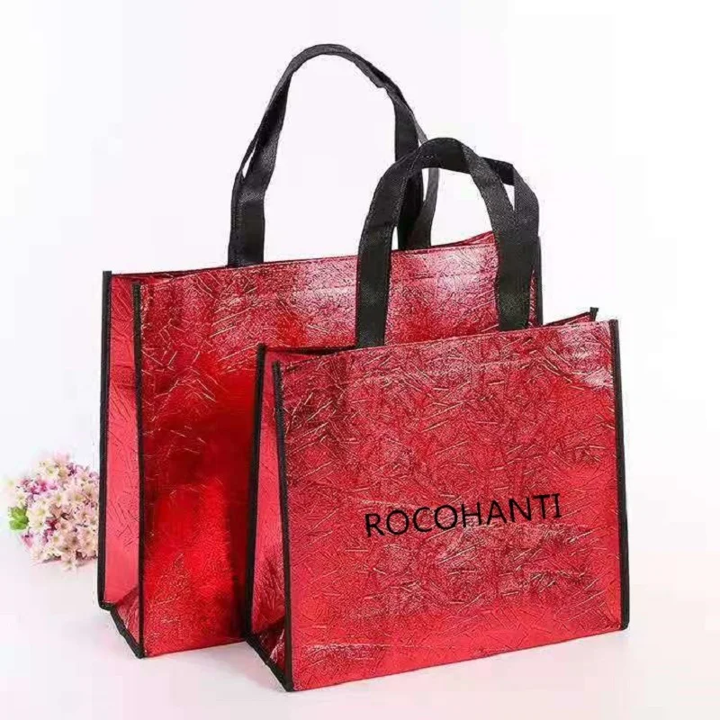 50pcs red bright metallic film lamination non woven bag gift packaging shopping bag glossy surface laser tote bag