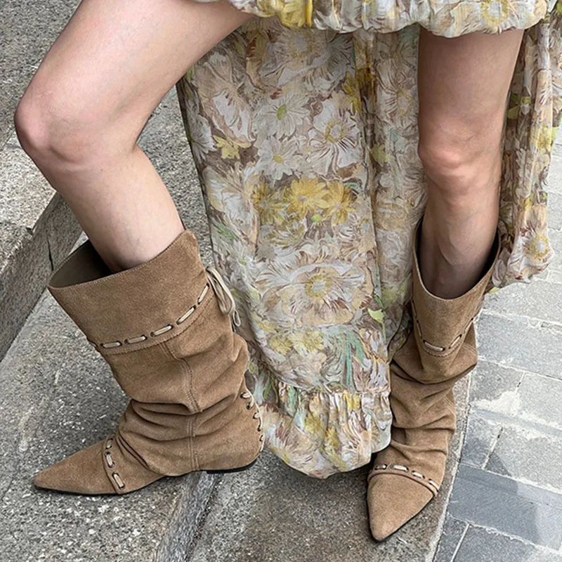 Fashion Pleated Pointed Short Women Boots 2026 Autumn Winter Retro Long Boots Woman Ins Style Belt Pile Boots Female