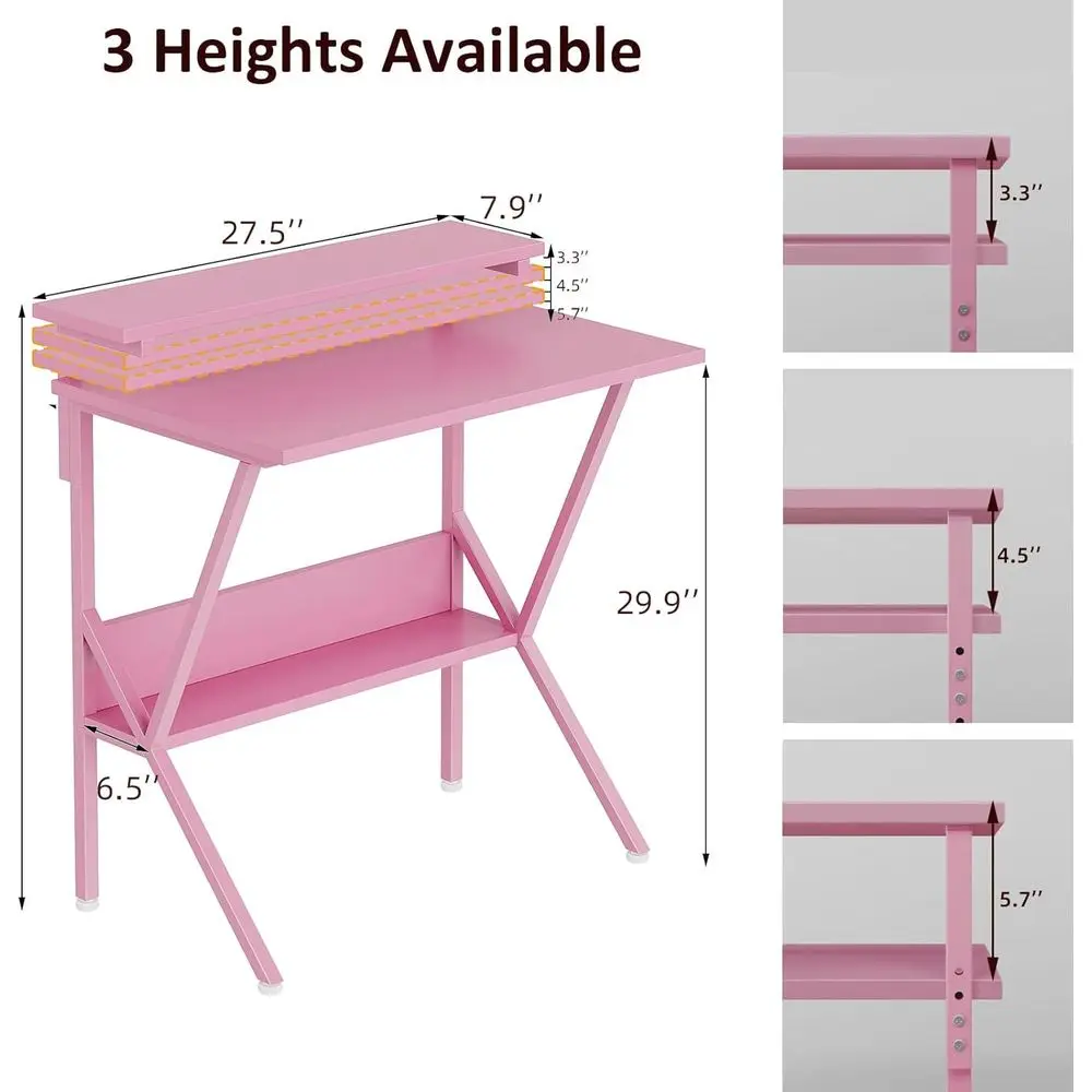 مكتب مدمج 27.5 وردي مع حامل شاشة قابل للتعديل، وحدة تخزين، للمكتب المنزلي وغرفة النوم