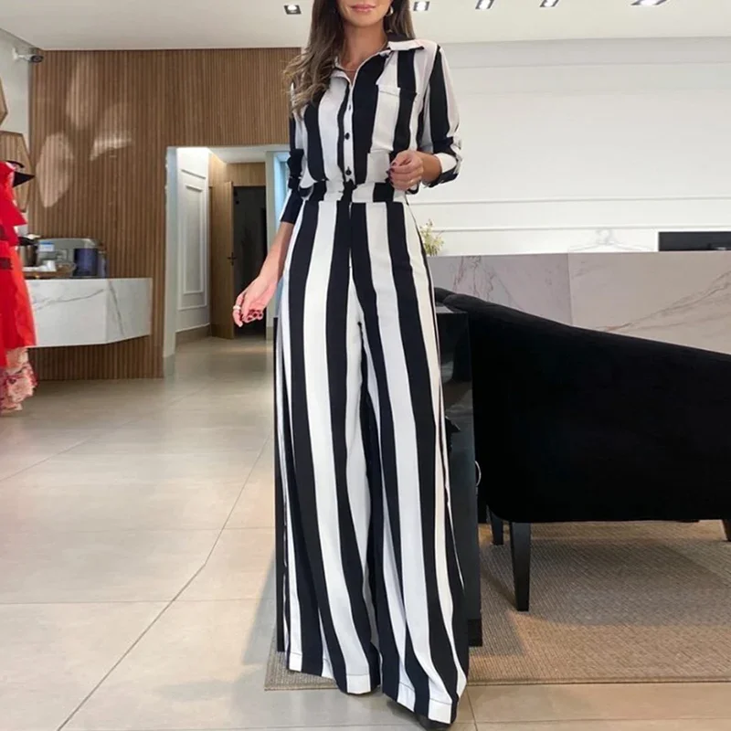 Office Black/White Stitch White Collar Suit Spring Women Button Lapel Shirts&Wide Leg Pants Sets Lady Two-piece Matching Outfit