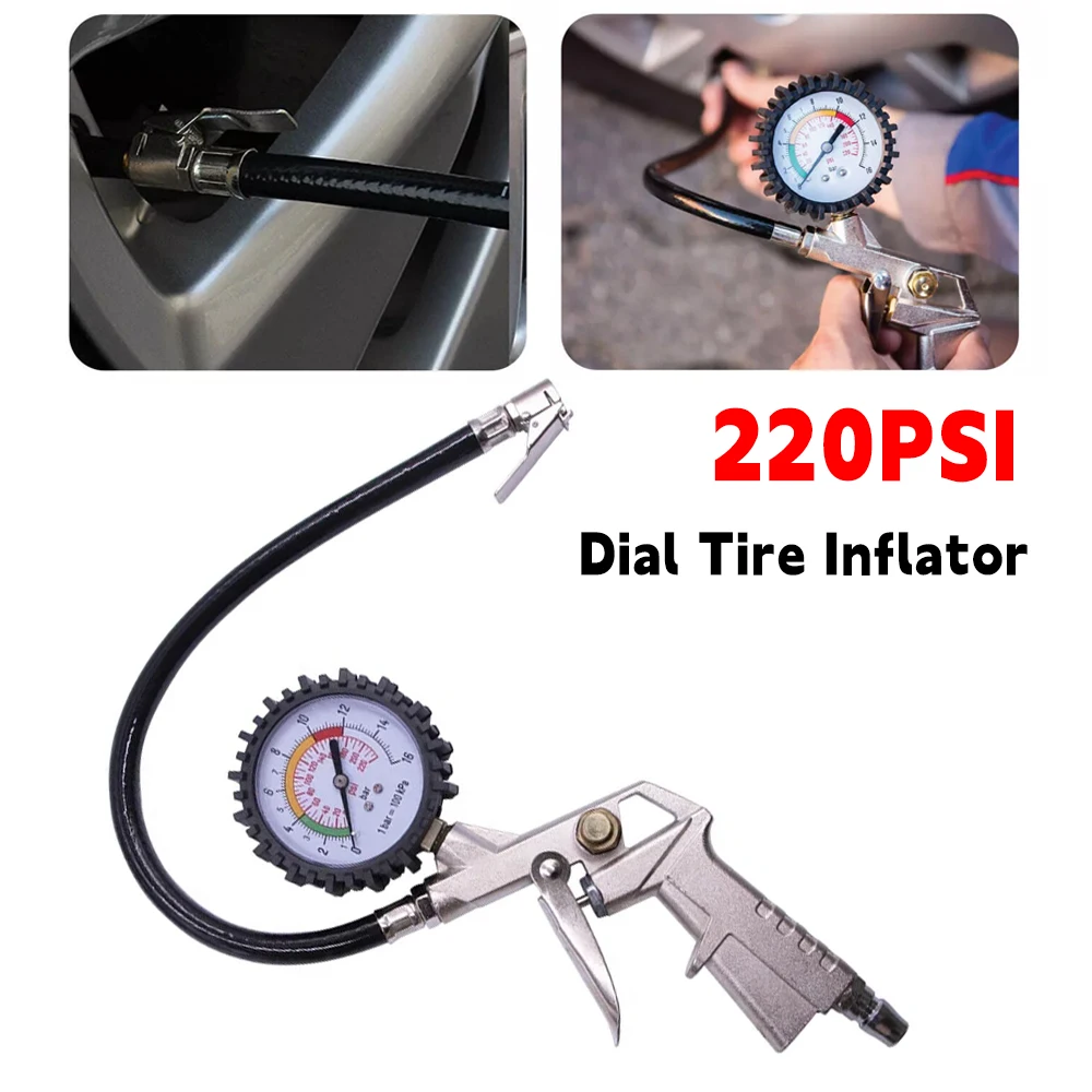 220PSI Car Motorcycle Multifunctional Tire Air Pressure Monitoring Gauge Tester Air Compressor Dial Meter Inflator Pump Tools