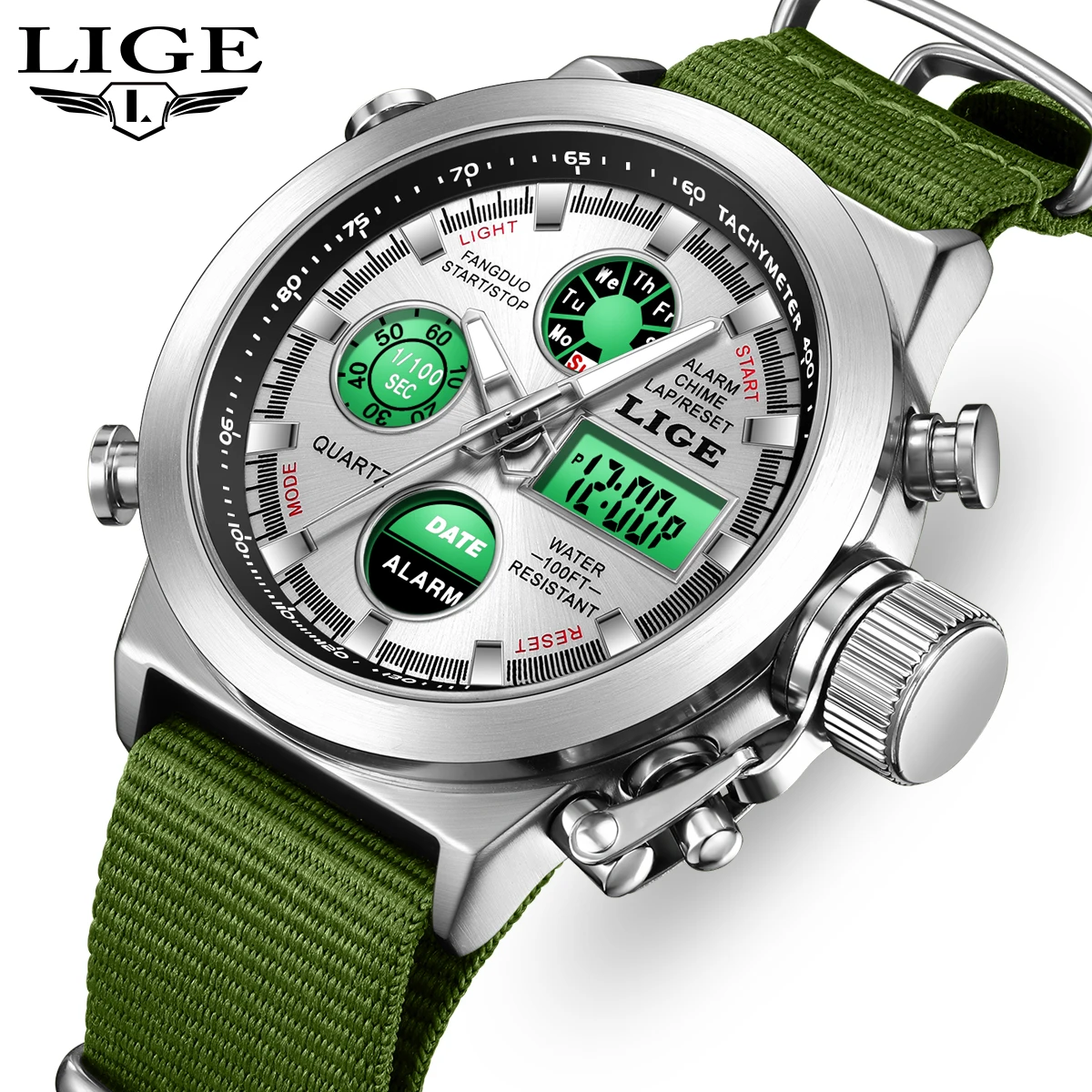 LIGE Quarz-Armbanduhr, elektronische Herrenuhr, modische LED-Doppelanzeige, leuchtender Wochenwecker, Militäruhren für Herren, Reloj