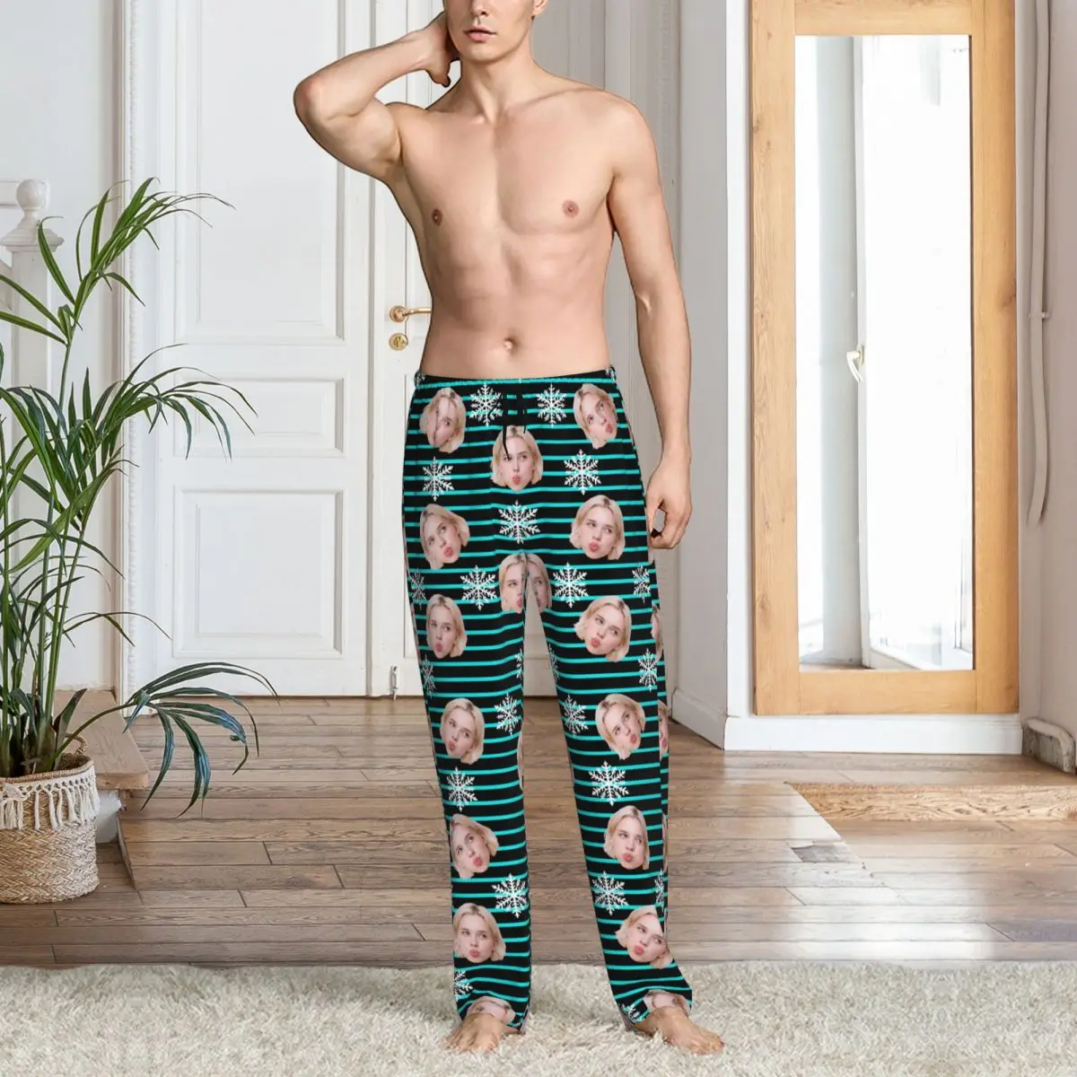 Pantalones de pijama personalizados con foto de cara navideña para hombre, ropa de dormir, pantalones elásticos con bolsillos