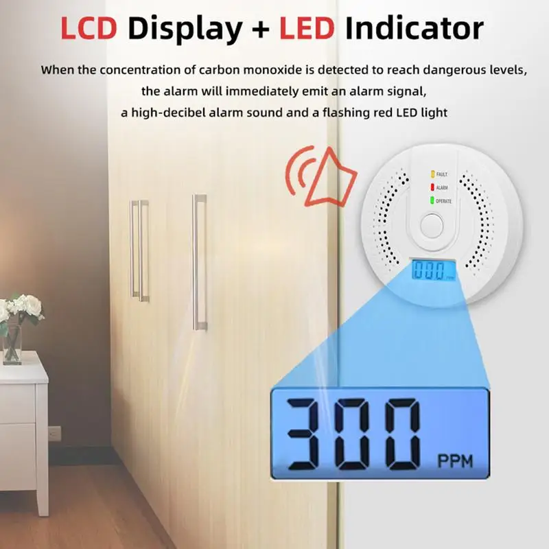 Carbon Monoxide Detector Sound & Light Warning Portable Co Monitor Co Level Monitor Alarm Battery-Operated High Sensitivity