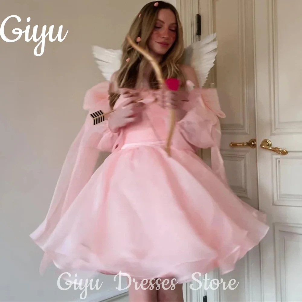

Giyu Princess Pink Organza Prom Dresses Above Length Bow Sleeves Bows Mini Cocktail Dresses Customized Vestido Para Graduacion