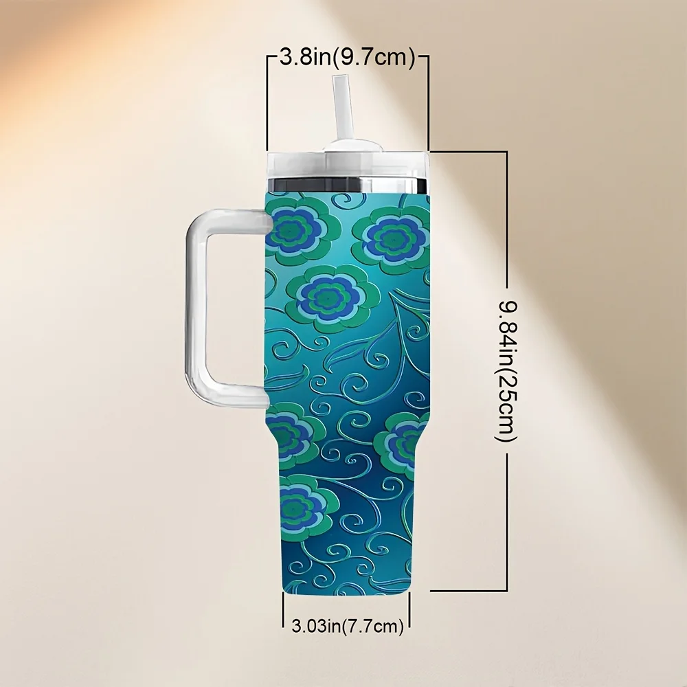 Beautiful Blue Green Floral Vine Pattern Print Travel Water Tumbler with Convenient Straw And Comfortable Handle