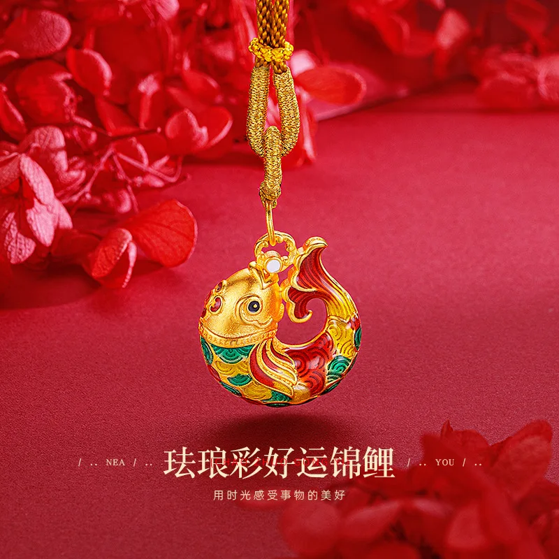 

Ethnic Style 9999 24K Real Gold Versatile New Chinese Retro Enamel Koi Necklace Red Fire Carp Koi Pendant for Women Girl Gift