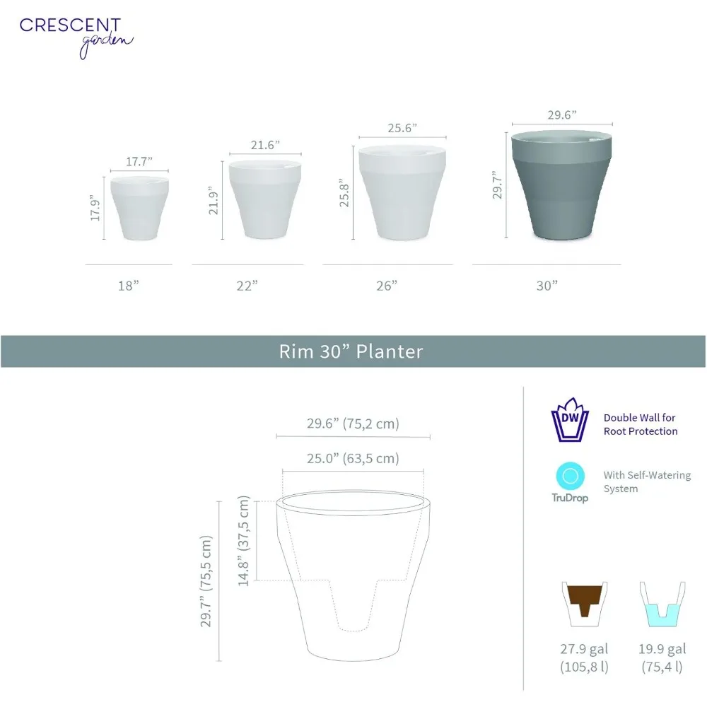 Plantador TruDrop Crescent Garden Rim, vaso de plantas com rega automática, 30 polegadas (preto caviar)