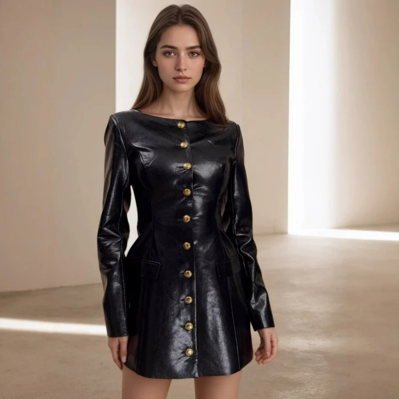 European and American Elegant Fashion Style Round Neck Long Sleeve Metal Button Waist Version PU Leather Dress Leather Jacket