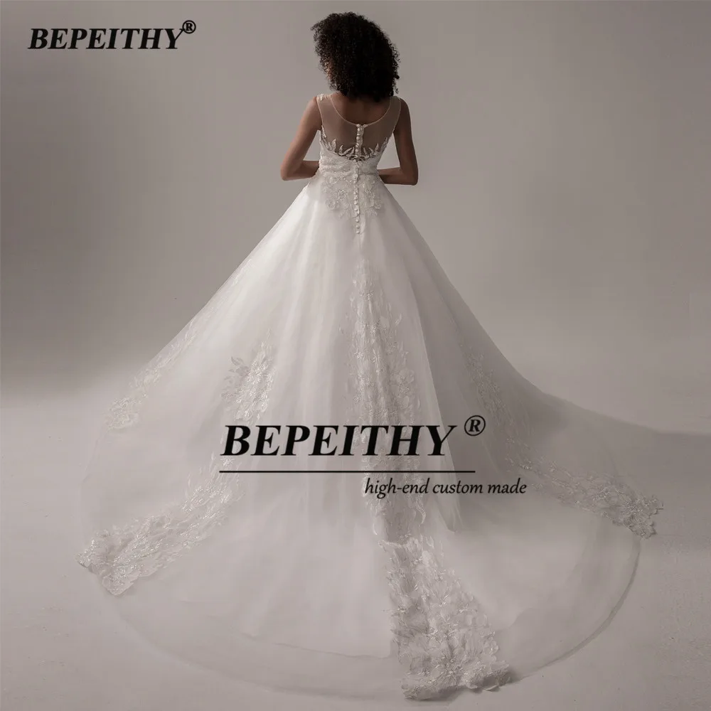 BEPEITHY abito da sposa da sposa in pizzo principessa abito in pizzo avorio 2021 O collo senza maniche corte dei treni abiti da sposa indiani 2021