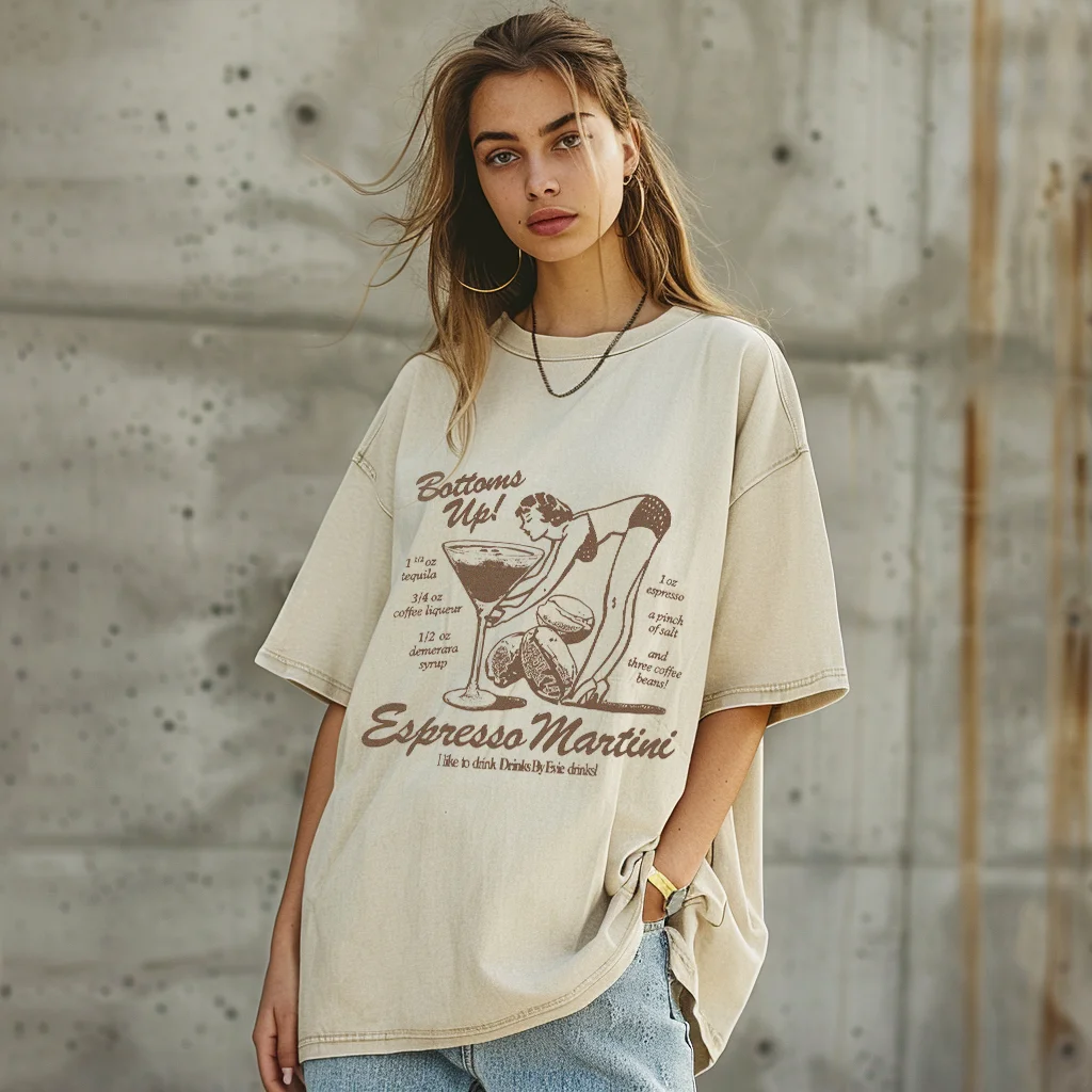 Wine Glass Women's washed t-shirt Vintage Oversized Hip Hop Color Contrast Round Neck Chic Tops Harajuku Pullover Clothes Unisex