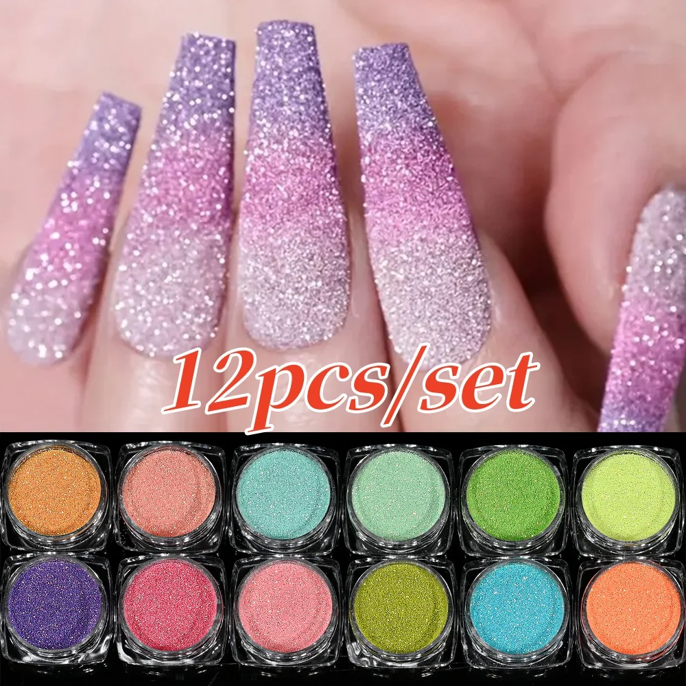 12pcs Glitter Candy Sugar Sand Nail Powder Colorful Iridescent Woolen Coat Pigment Manicure Sugar Effect Shiny Dust Nail Decor *