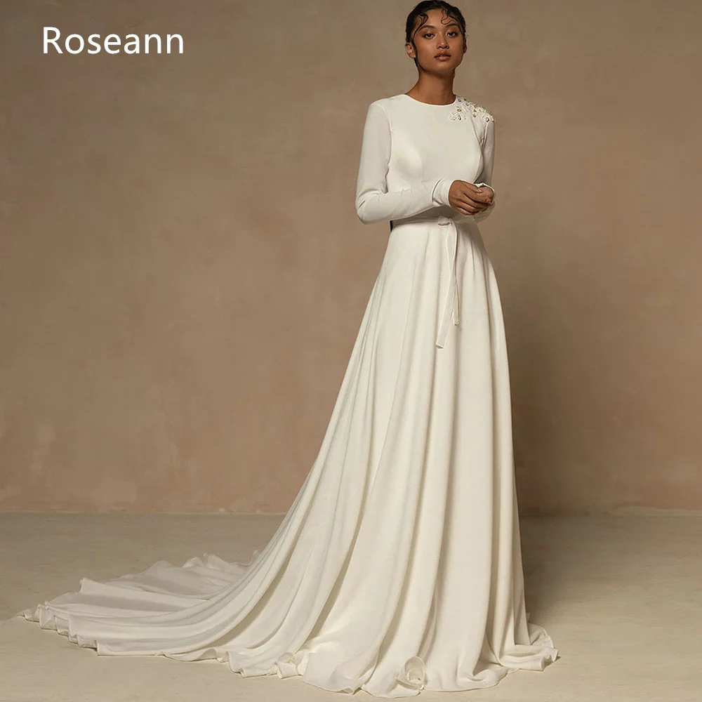 Robe de Mariée Musulmane Ivoire, Ligne A, Col Rond, Nouveau Design, Drapée, Plissée, en Satin Complet, Longueur au Sol, 2023