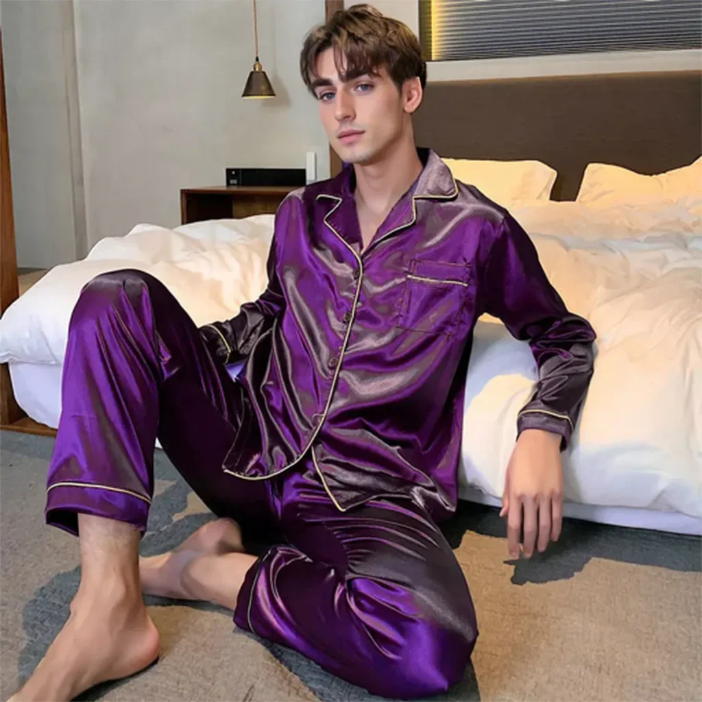 Men Pajama Sets Microfiber Sleepwear For Sleeping Man Shirt Silk Long Sleeve Pyjamas Male Home Night Wear Big size Loungewear