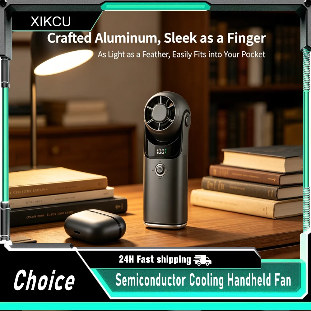 

New Semiconductor Cooling Handheld Fan 100 Speeds Ice Feeling Turbo Fan 3600mAh Rechargeable Neck Fan With LED Display