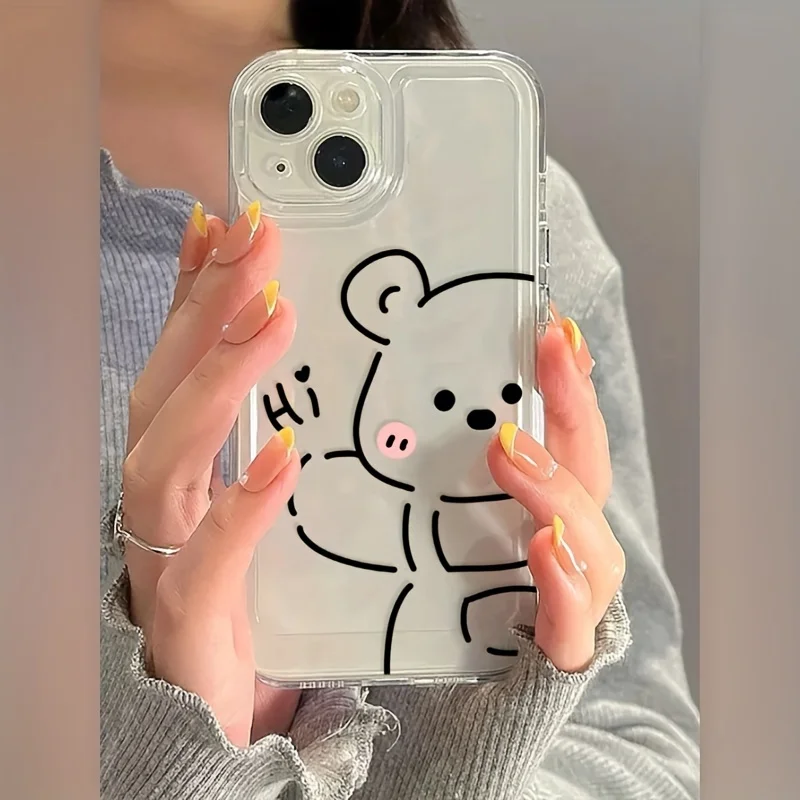 Cute retro bear design transparent phone case suitable for iPhone 17 16 15 14 13 12 11 Pro/Max/Plus anti drop and shockproof