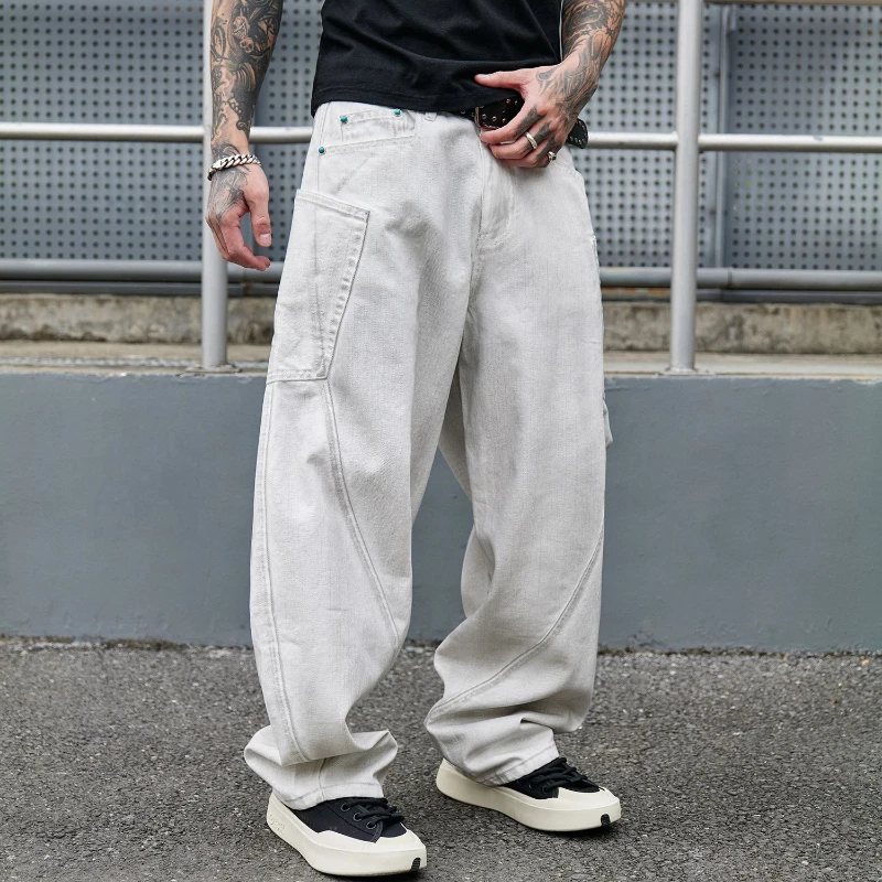 جديد عصري فضفاض واسع الساق الأبيض غسلها الدينيم الجينز الرجال منحني سكين السراويل الشارع الشهير العلامة التجارية #4