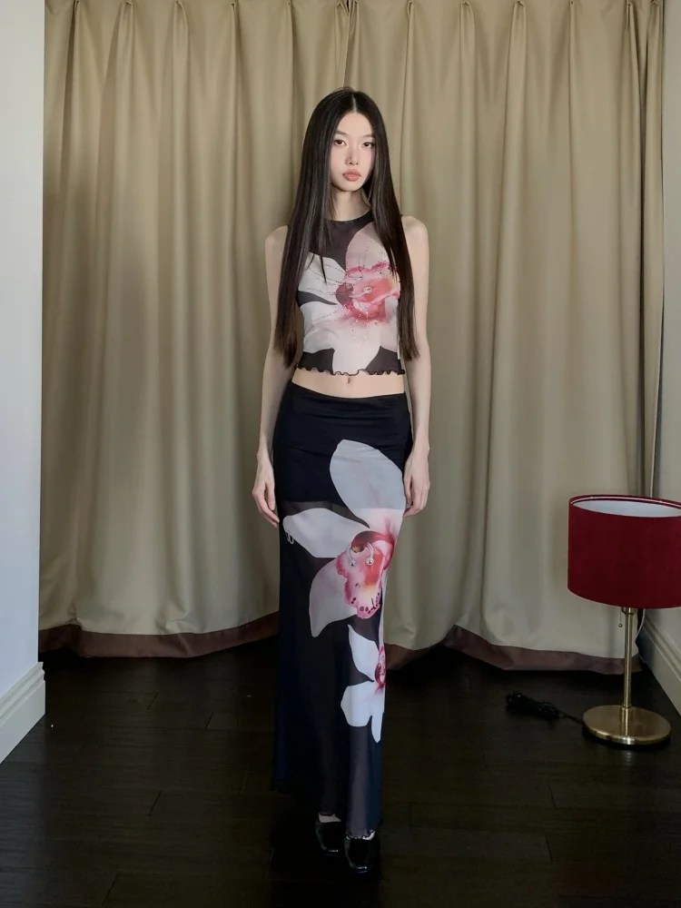 CHEERART Rhinestone Floral Mesh 2 Pieces Set For Woman 2025 Summer Outfit Sleeveless Crop Top And Long Maxi Skirt Matching Sets image 4