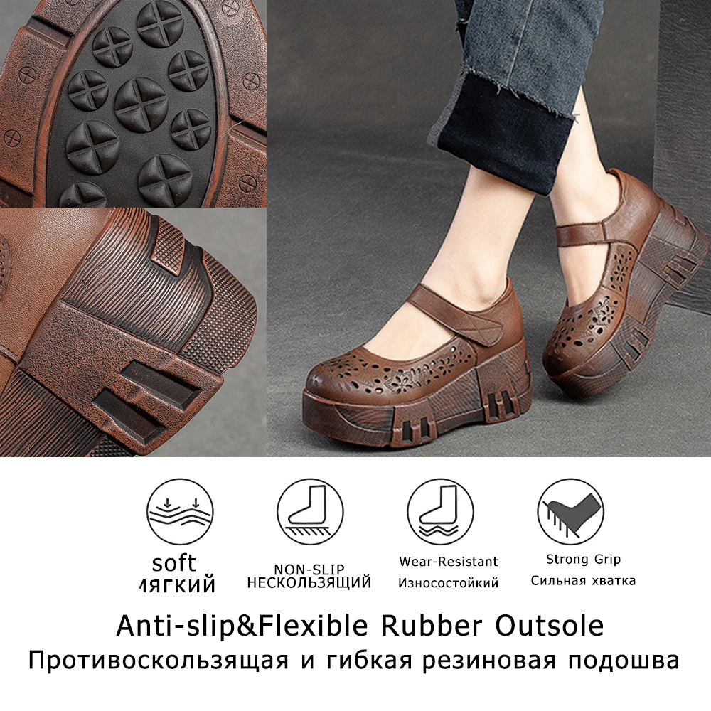 Koznoy Women Moccassin 7cm Round Toe Cow Genuine Leather Platform Wedge Hollow Female New Hook Fashion Summer Casual Print Shoes