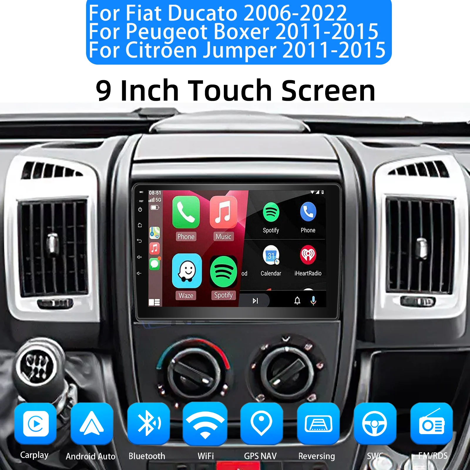 ESSGOO 9" Android 15 4 + 64G Autoradio Stereo Radio Für Fiat Ducato 2006-2022/Peugeot Boxer/Citroen Jumper Carplay Android Auto GPS Navi SWC WiFi FM RDS Bluetooth – Detail 2