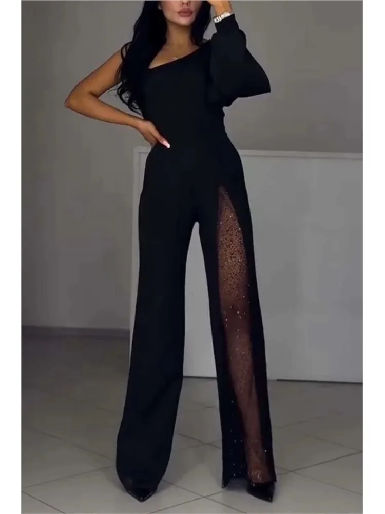 Fashionable Sloped Collar Single Sleeve Jumpsuit For Women Sexy High Slit Lace Hollow Loose Casual Elegant Jumpsuits Female 2025