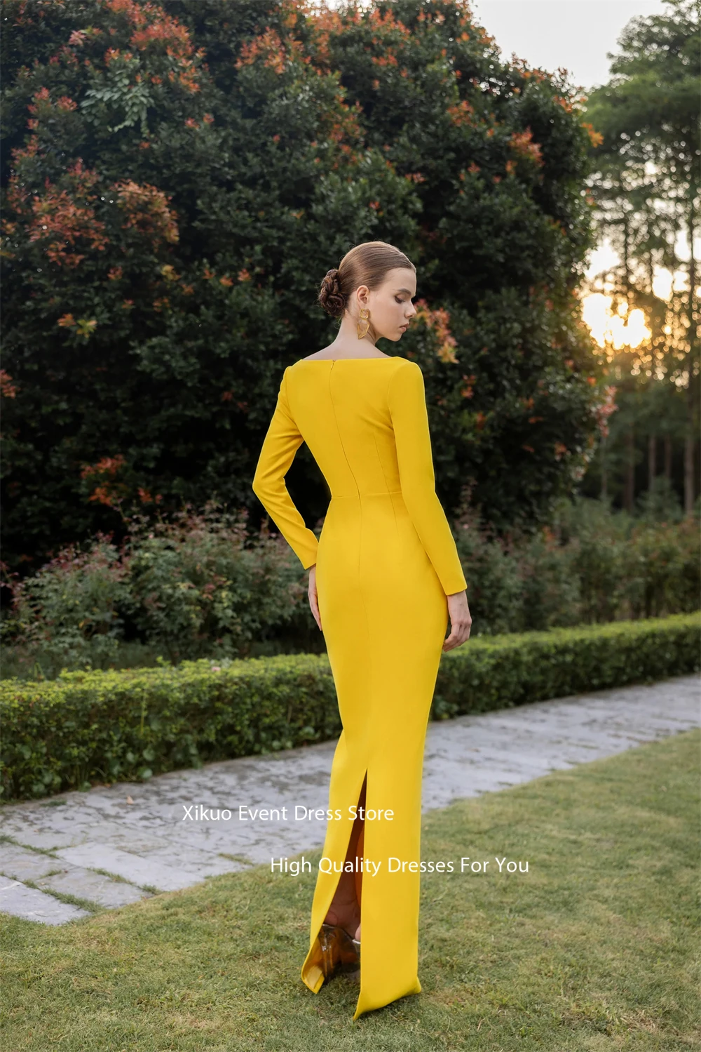 Xikuo فساتين سهرة من الساتان برقبة مربعة وأكمام طويلة رداء كوكتيل نسائي مطرز بالكريستال مناسب للحفلات الراقصة حسب الطلب #2