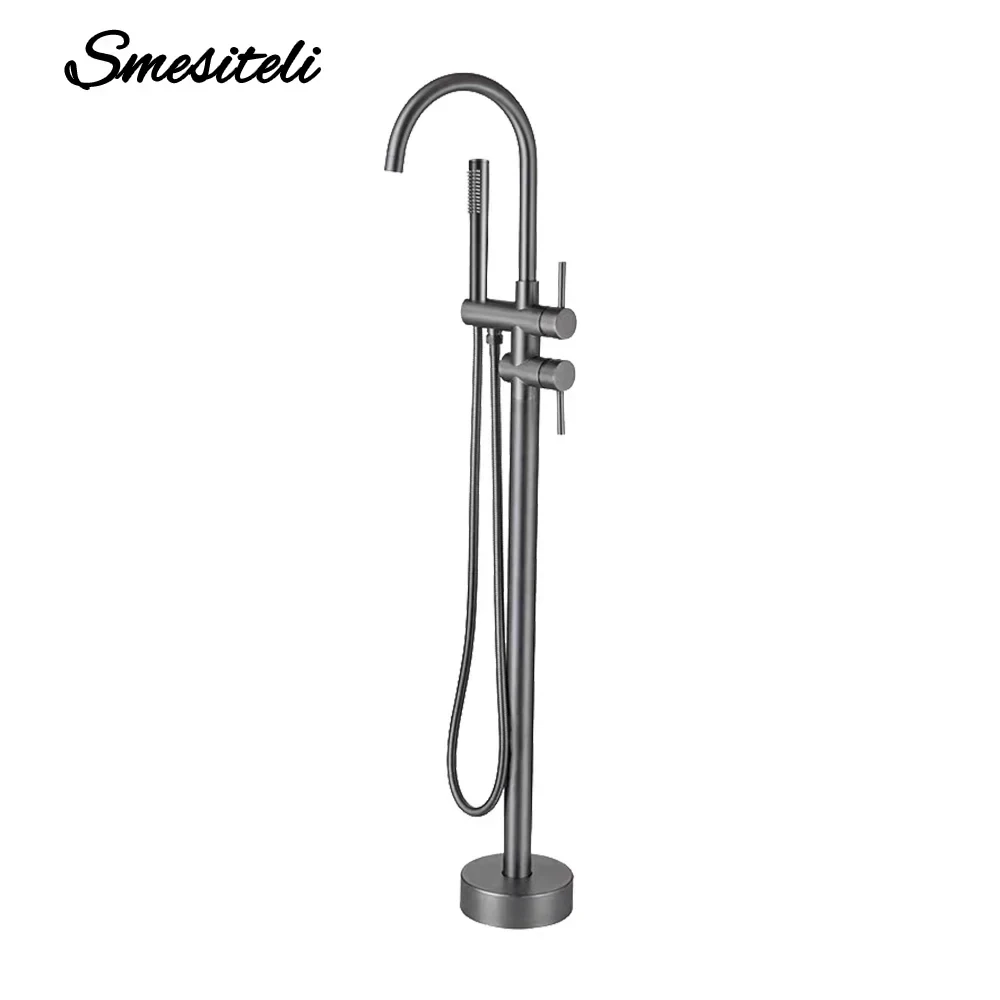 Gunmetal Freestanding Bathtub Faucet Set Floor Mounted Mixer Hot & Cold Shower System 2 Modes Handheld Shower &Round Spout