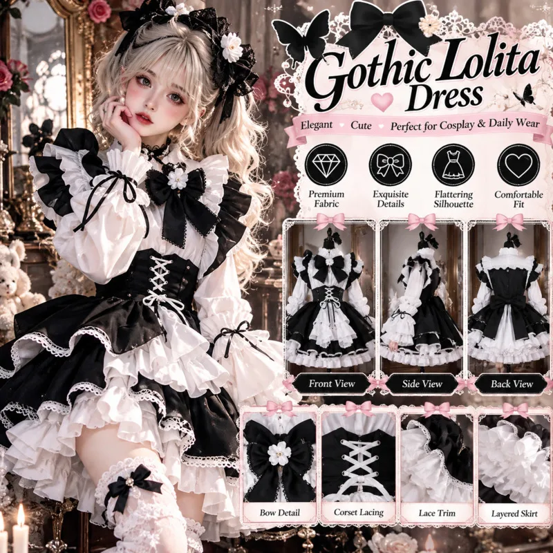 Mini Dresses Girl Black White Ruffle Bowknot Midi Dress Frilly Apron Maid Outfit, Sweet Lolita Aesthetic Party Dress Gift New