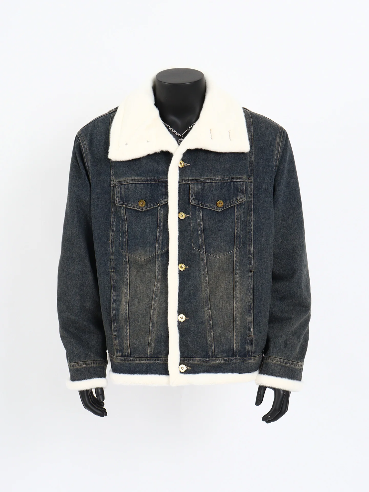 

Винтажная джинсовая куртка с эффектом потертости для мужчин, утепленная, с меховым воротником, в стиле пэчворк, Starlit, из полиэстера, с длинными рукавами, укороченная модель