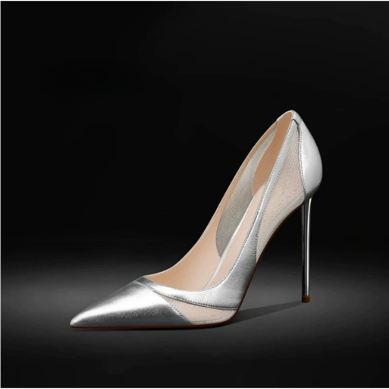 

Spring New Leather Air Mesh Splicing Women High Heels Pointed Head Shallow Mouth 12CM Large Size Office Career Women's Shoes