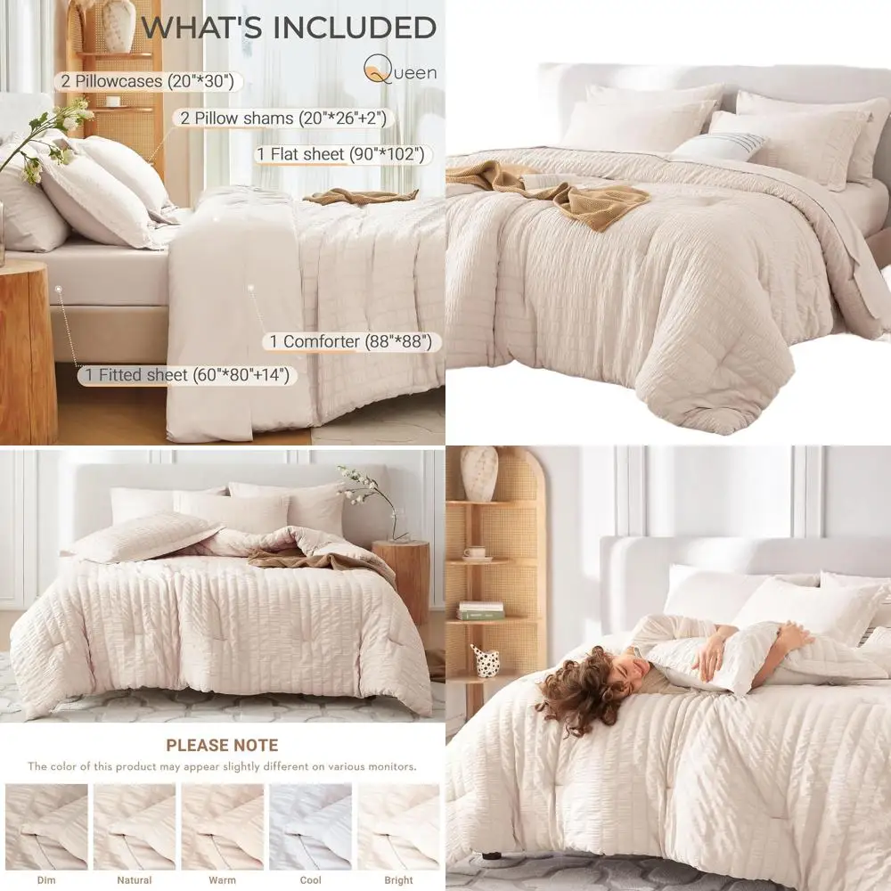 

All-Season Queen Comforter Set with Seersucker Bedding, Beige