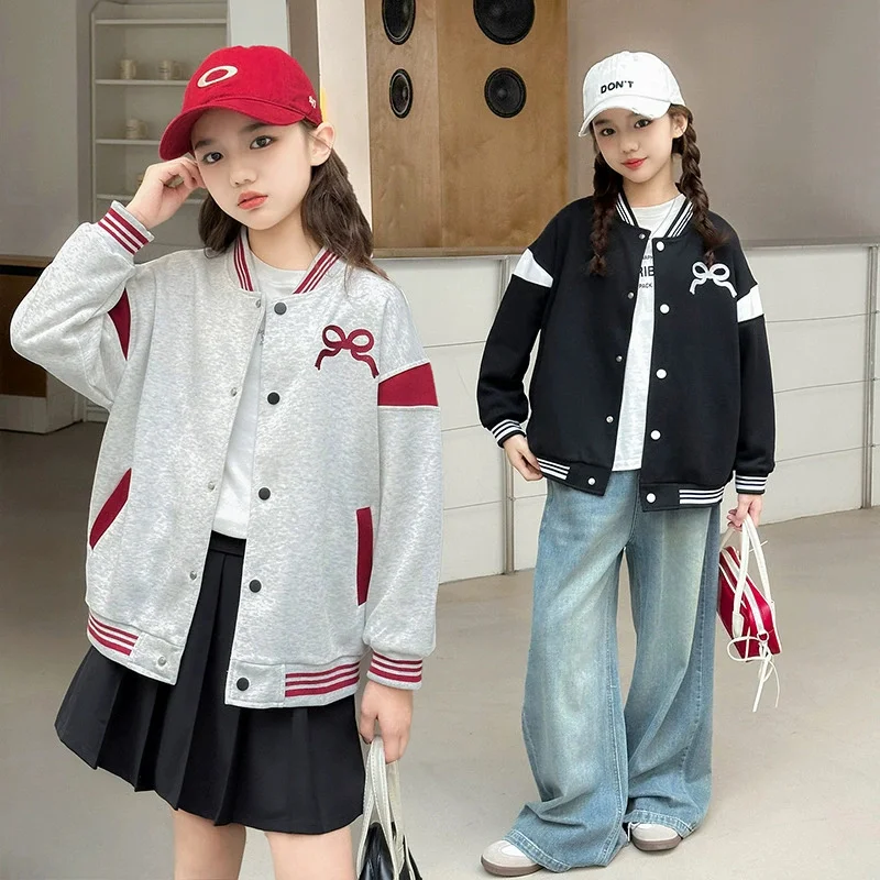 Girls' Baseball Jacket Children's Bow Tie Coat Spring Casual Sports Clothes New Fashion Loose Outerwear Kids Casual Top 5-14Y