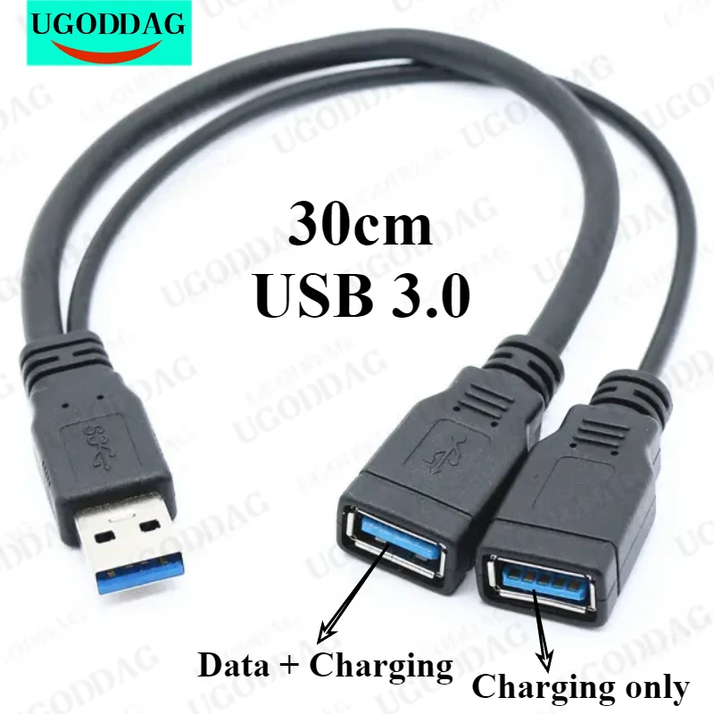 1 Uds USB 3,0 A 1 macho a 2 USB Dual hembra adaptador de corriente de concentrador de datos Y divisor Cable de alimentación de carga USB Cables de extensión nuevo