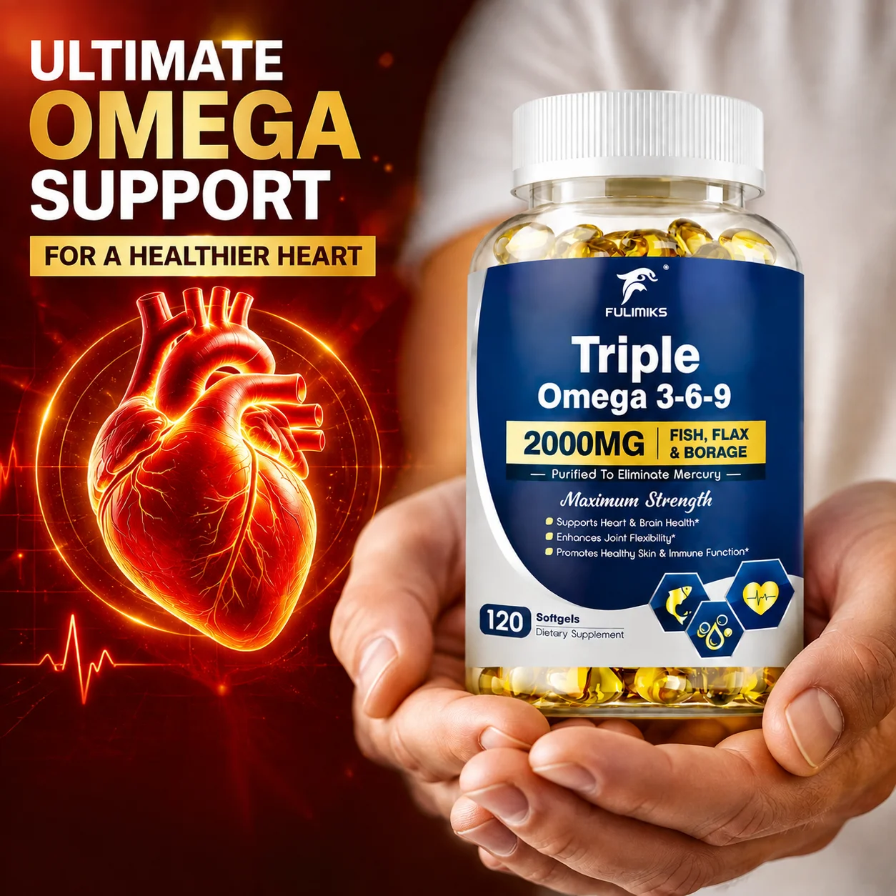 Triple Omega 3‑6‑9 Supplement, Fish Flax & Borage Oil, Support Skin, Cardiovascular, Heart & Brain Health Joint Mobility Immune