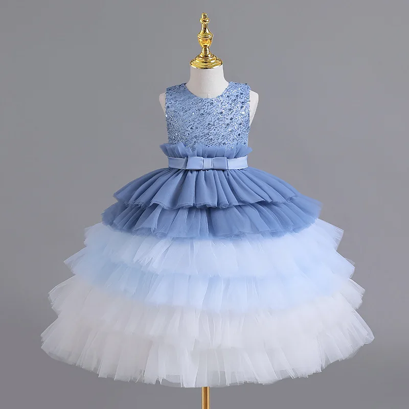 

Kids Pink Blue Layered Dresses for Girls Cute Luxury Birthday Party Evening Ball Gown Princess Children Eid Holidays Short Dress