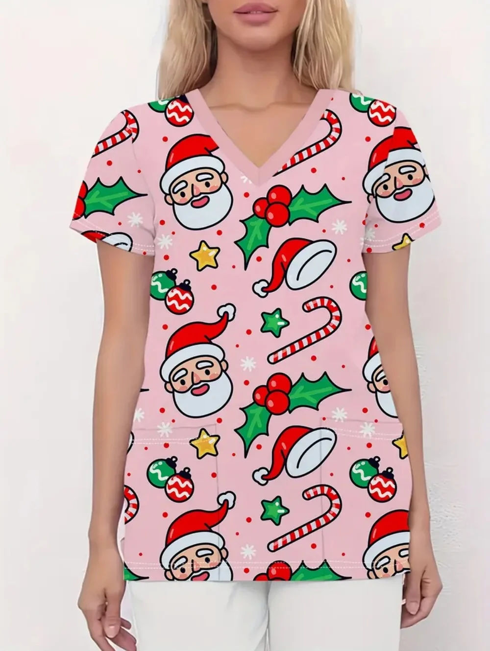 Nurse Uniform Woman Cute Cartoon Print Veterinary Uniform Summer Quick-Dry V-Neck Short Sleeve with Pockets Tops Women's Scrub