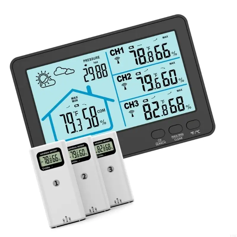 Termometri wireless remoti Igrometro Schermo alto contrasto da 5" Sistemi monitoraggio a posizioni multiple per interni