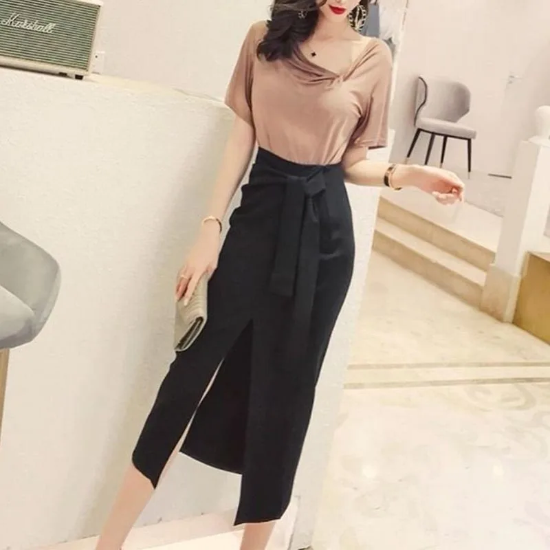 Mode 2024 Lente Zomer Nieuwe Elegante Vrouwelijke Hoge Midi Taille Split Rokken Office Lady Koreaanse Bandage Tas Hip Skinny Rokken