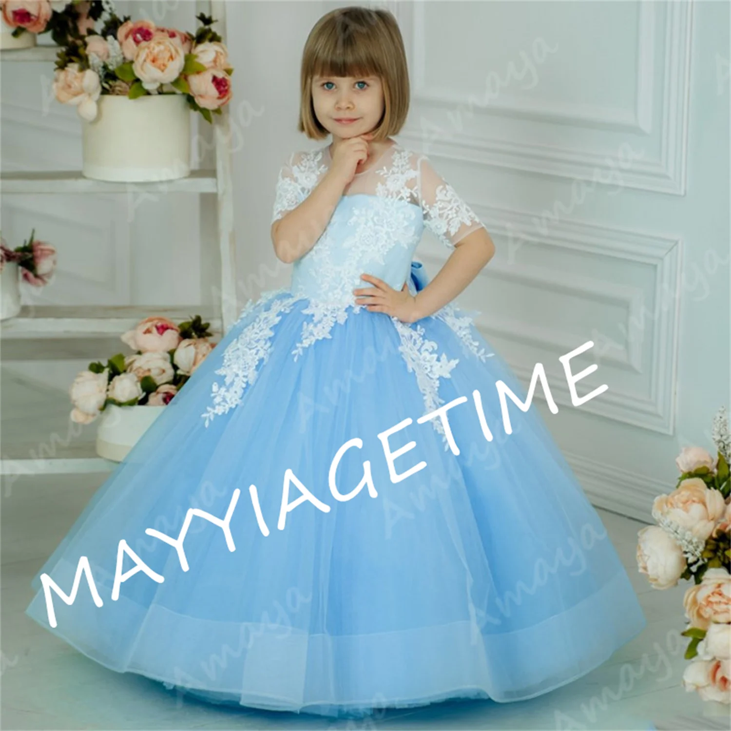 Sky Blue Flower Girls Dresses for Wedding Puffy Half Sleeves Lace Appliques Pageant Birthday Gowns Vestido de Niña