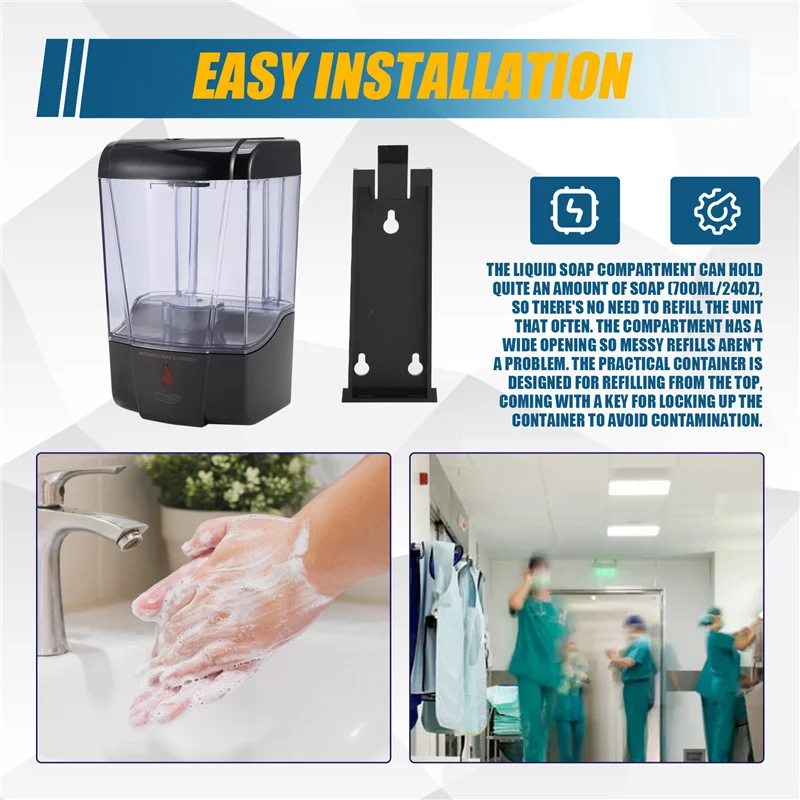 Dispensador automático de jabón AB45, Sensor de movimiento infrarrojo sin contacto, montaje en pared de 700Ml, manos libres para baño, cocina, Hotel