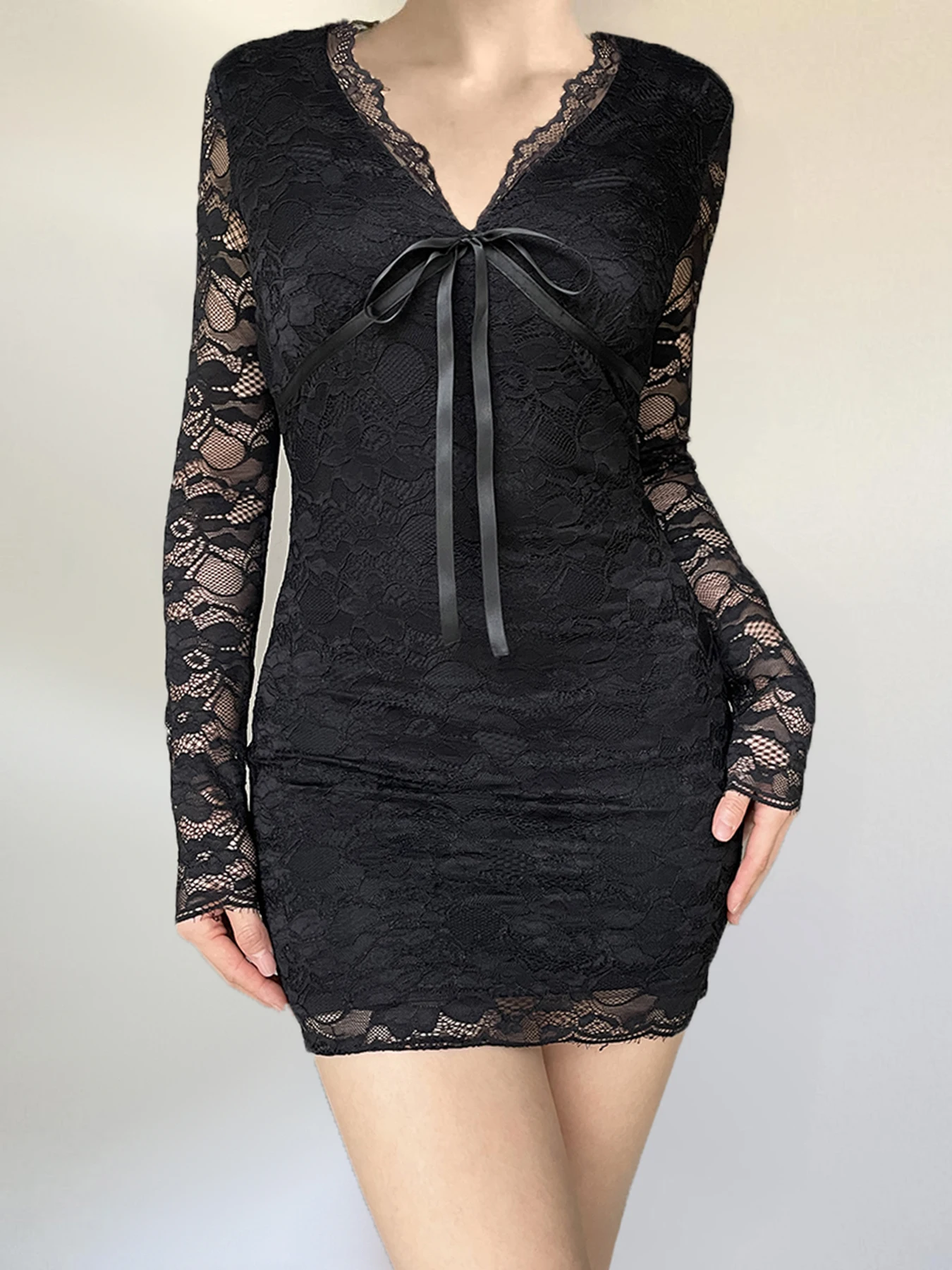 Cuteandpsycho Aesthetic V-neck Lace Sexy Dress Solid Lace-up Party Retro Bodycon Elegant Vintage Clothings Chic Evening Outfits