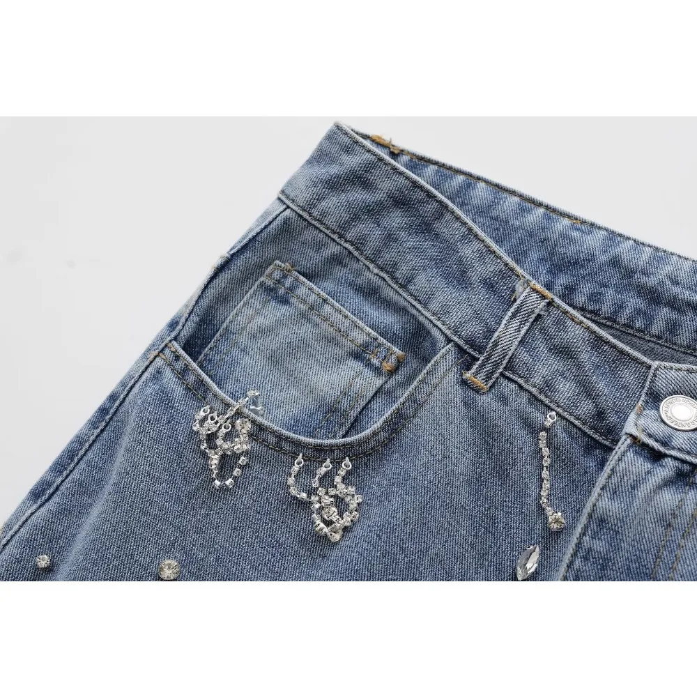 TRAF ZR Elegant Frayed Hem Jeans High Waist Straight Leg Denim Pants for Women Classic Five Pockets Jeans Derocated Rhinestone