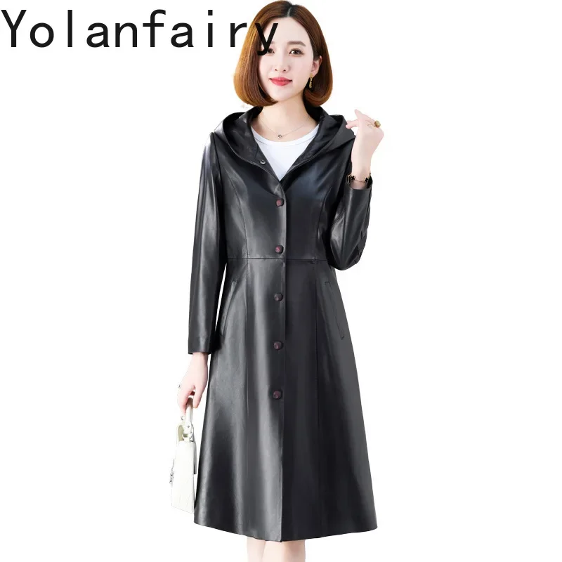 YOLANFAIRY giacca da donna in vera pelle di pecora inverno lungo Outwears 2024 cappotti con cappuccio moda Jaqueta De Couro Feminina