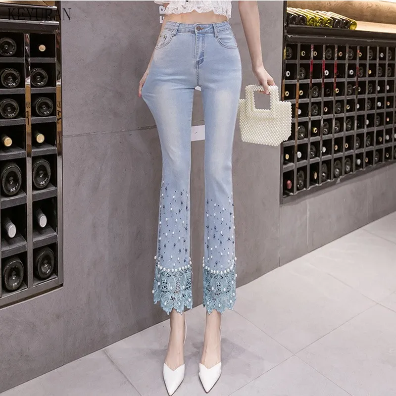 Women's High Waist Jeans Slim Elastic Vintage Peals Beading Lace Patchwork Hot Drilling Trouser Denim Flare Pants Female