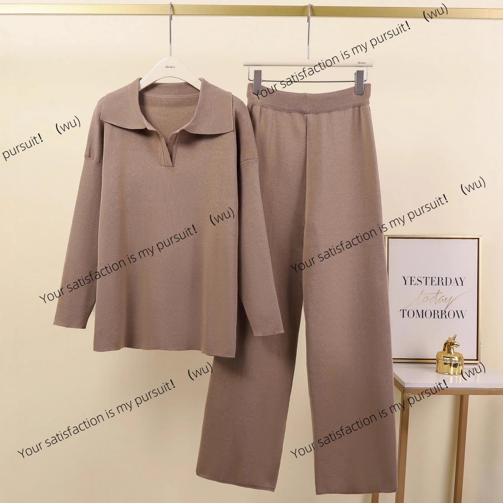 

Комплект европейского и американского осенне-зимнего свитера, вязаный джемпер с воротником-поло + широкие брюки