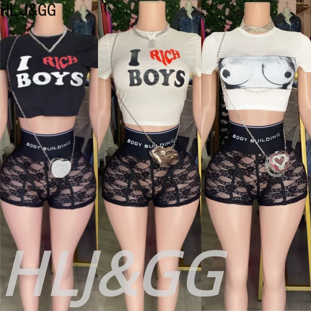 HLJ&GG Sexy Bodycon Spaghetti Strap Bodysuits Two Piece Sets Women V Neck Slim Top And Mesh See Though Shorts Outfits Streetwear