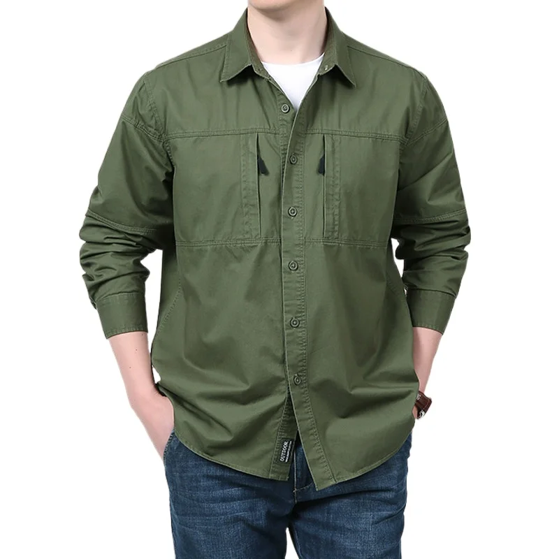 Autumn And Summertime Travel Shoot StylePocket Shirt For Men Solid Color Slim Casual Men Shirts Long Movement Sleeve Running