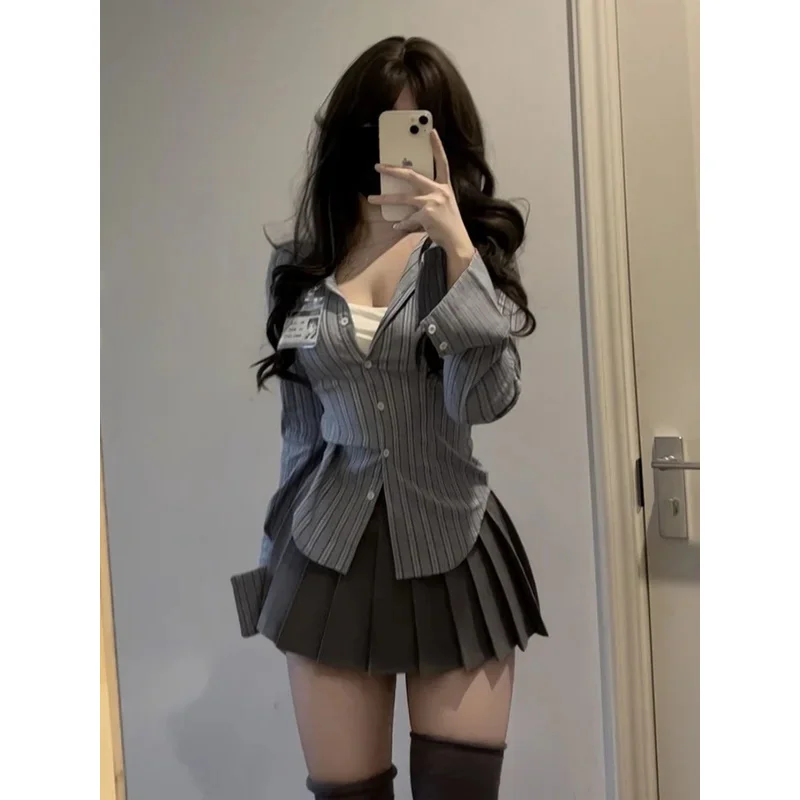 American Academy Spicy Girl Shirt Women's Spring New Waist Slim Long Sleeve Stripe Top 100 Pleated Short Skirt Set