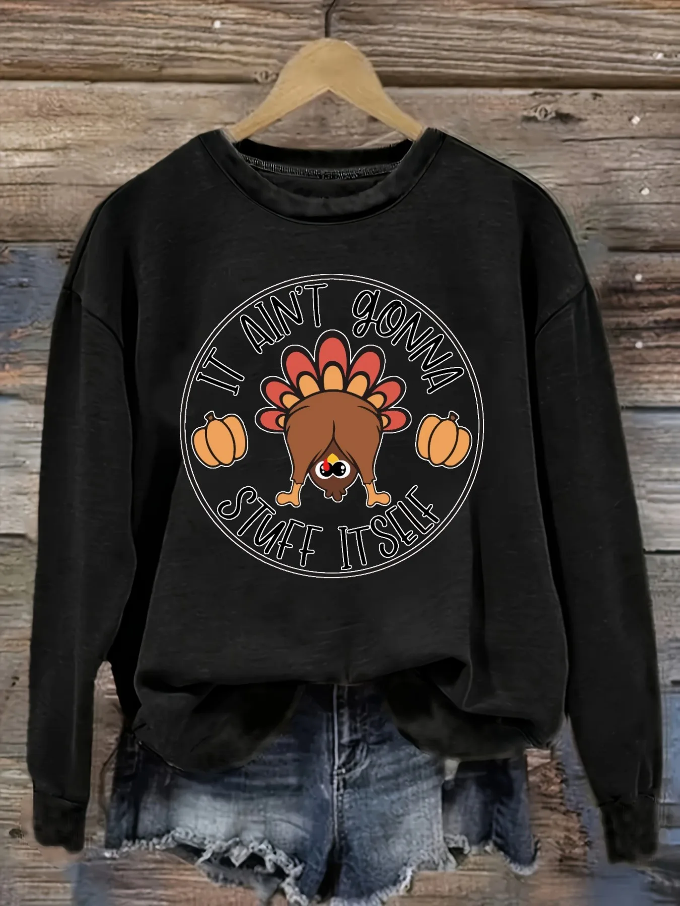 Women's Casual Long Sleeve Crew Neck T-Shirt It Aint Gonna Stuff Itself Design, Round Neck Women's Clothing, Machine Washable, Slightly Elastic, Loose Fit, Spring Autumn Winter Women's T-Shirt, Halloween Costume Outfit