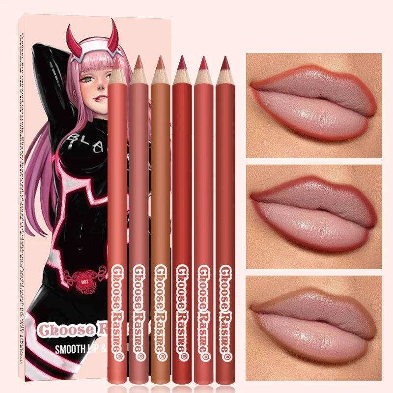 6-teiliges Lipliner-Stift-Set, 6 Farben, wasserdicht und schweißfest, verblasst nicht leicht, Antihaft-Tasse, nacktes Lippenstift-Stift-Set